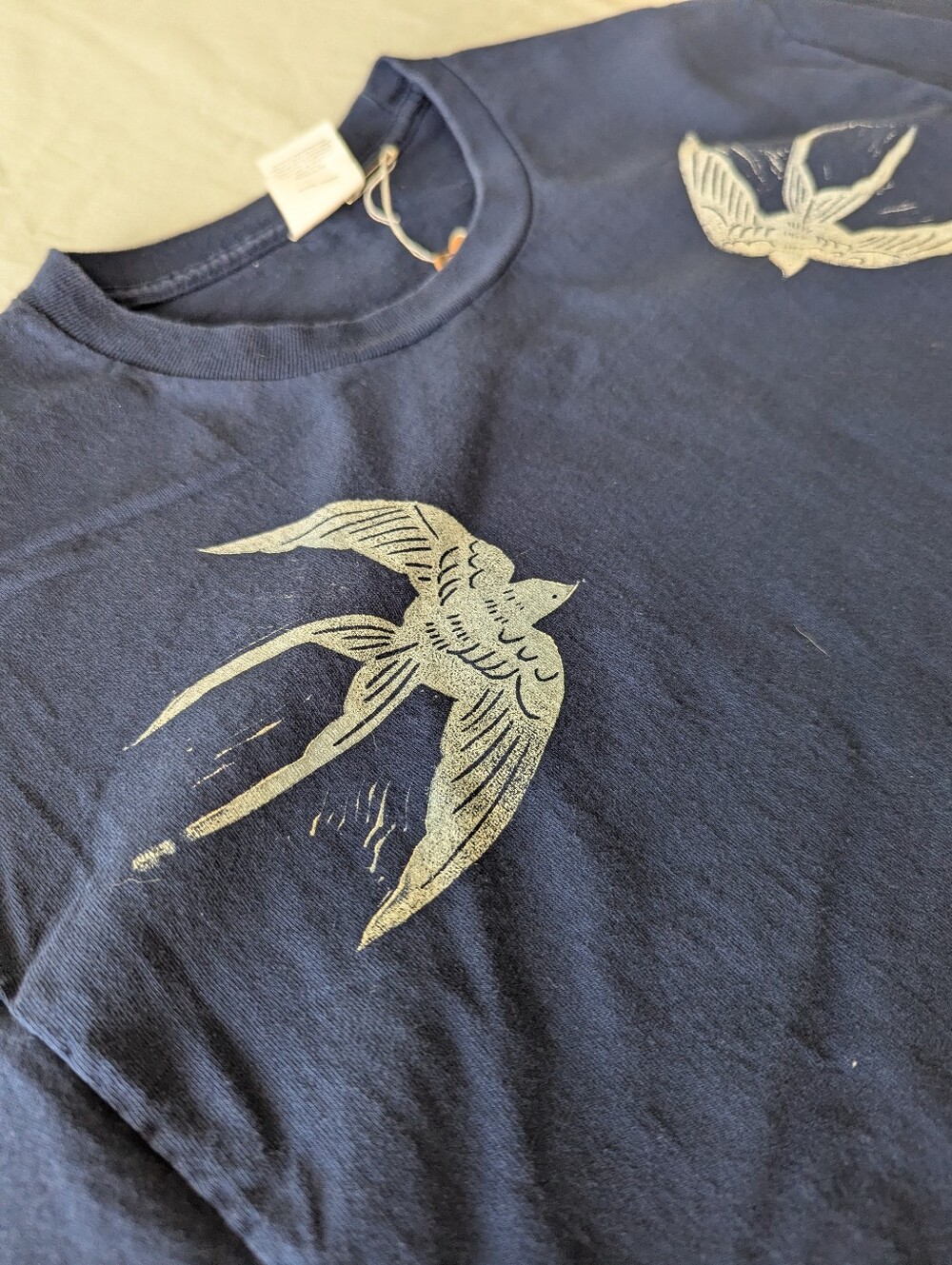 Swallow Bird Block Printed Navy T-shirt - Picture 3 of 6